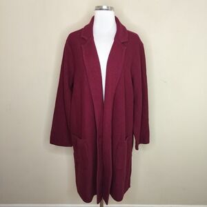 Norm Thompson Wool Sweater Jacket Open Front Pockets Maroon